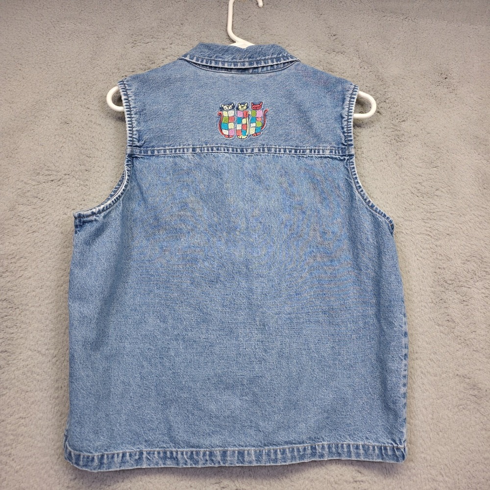 Christopher Banks Top Womens M Blue Denim Cat Lady Medium Wash Embroidered - Picture 7 of 14